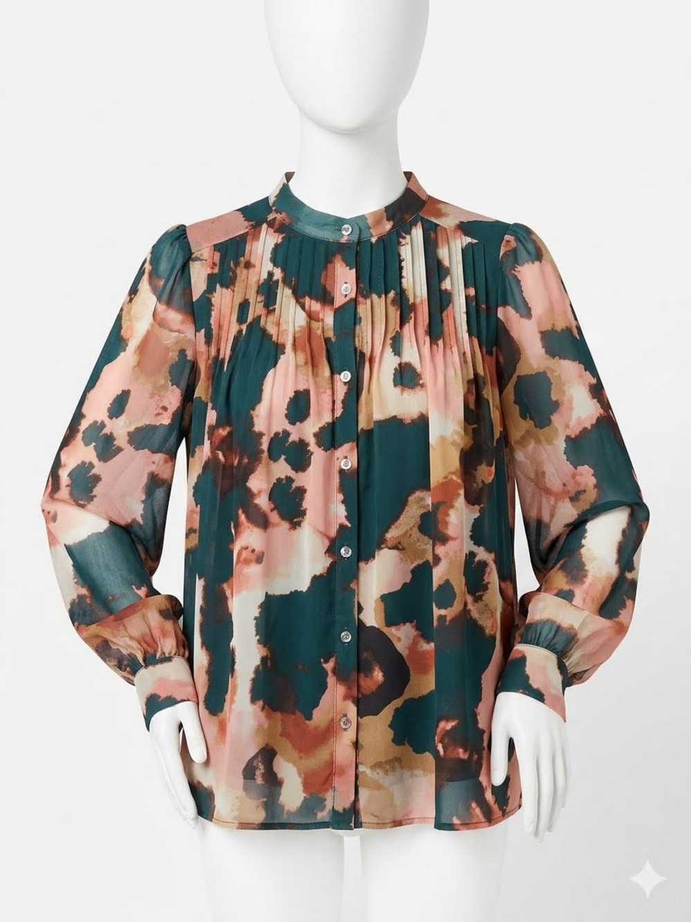 Banana Republic Watercolor Floral Pleated Blouse in Teal and Blush, Size S